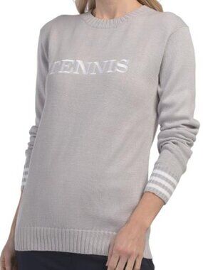 The Bubble Tennis Sweater LARGE ,GREY Striped Cuff Cotton Blend Womens NEW